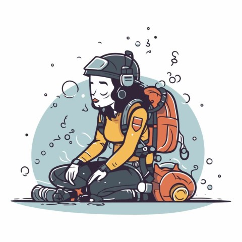 Vector illustration of a diver with a big backpack on his back.