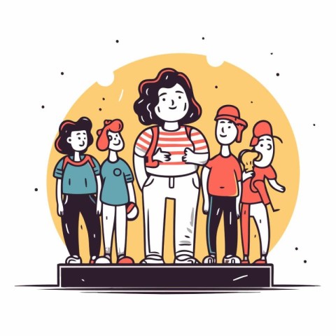 Crowd of children standing on the podium in line art style.