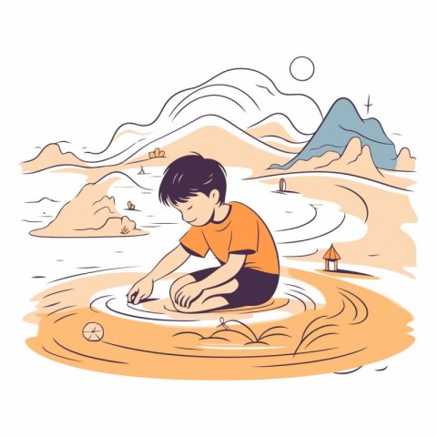 Boy playing in the water. Vector hand drawn illustration in cart