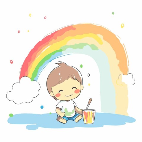 Cute little boy playing with a bucket of paint and a rainbow