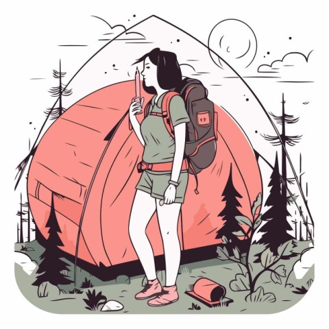 Vector illustration of a hiker with a backpack and tent in the f