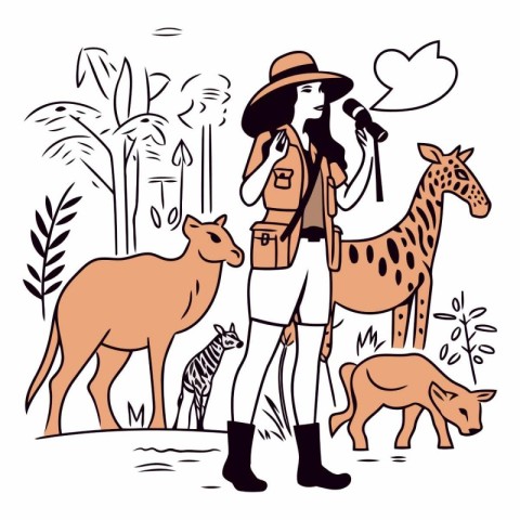 Vector illustration of a girl in a safari hat with a backpack an