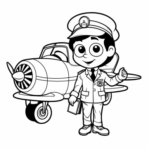 Pilot with airplane - Black and White Cartoon Illustration. Vect