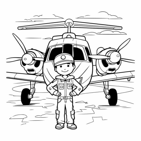 Black and White Cartoon Illustration of Pilot with Helicopter Ch