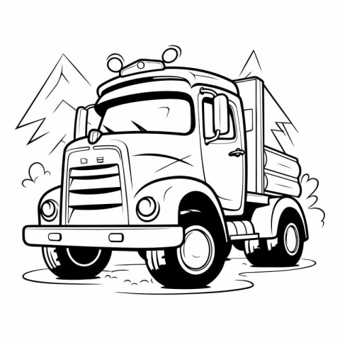 Vector illustration of a truck in the mountains. Coloring book f