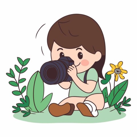 cute little girl with camera in the garden vector illustration g