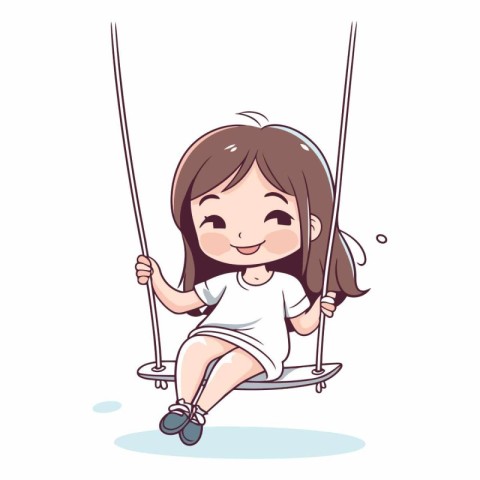 Cute little girl swinging on a swing. Vector cartoon illustratio