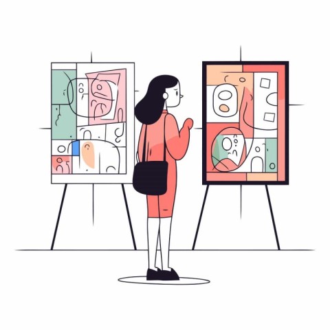 Young woman standing in front of the easel and looking at painti