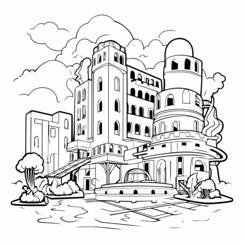 Cityscape with old buildings in doodle style.