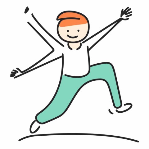 Happy jumping boy in doodle style on white background.