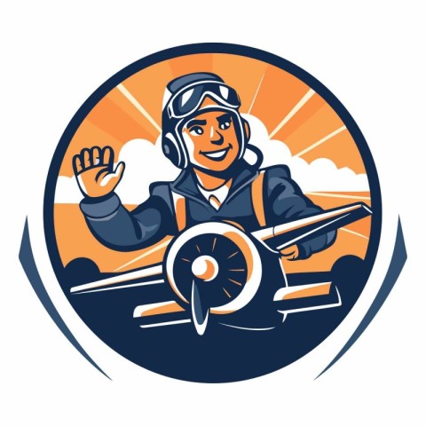 Vector illustration of a pilot in aviator helmet waving hand and