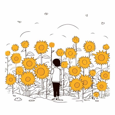 cute little boy with sunflowers garden vector illustration graph