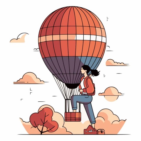 Vector illustration of a girl with a suitcase in a hot air ballo