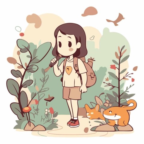 Illustration of a Cute Little Girl Hiking in the Park