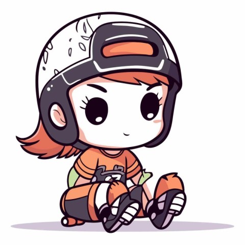 Cute little girl wearing protective helmet and skates.