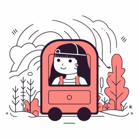 Vector illustration of a girl in a red bus on a background of na