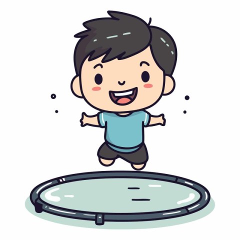 Boy jumping on a trampoline. Vector clip art illustration.