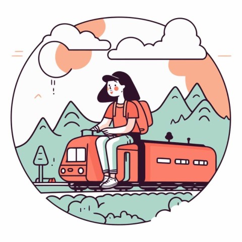 Young woman traveling by train in a flat style.