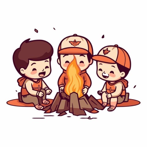 Cute cartoon kids playing by the campfire.