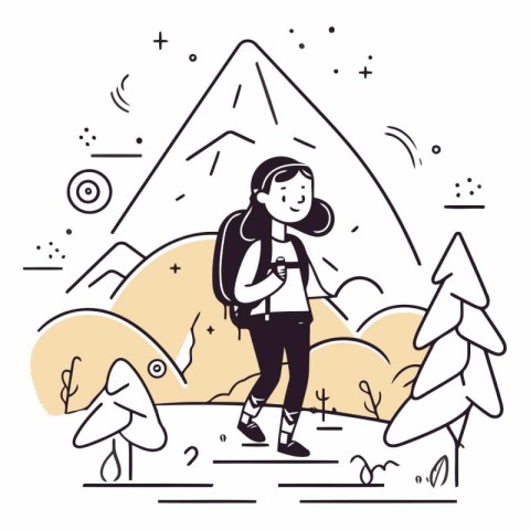 Vector illustration of a girl with a backpack hiking in the moun