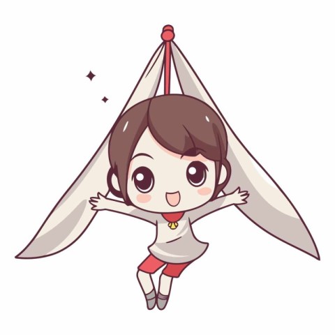 Cute little girl flying on a tent in cartoon style.