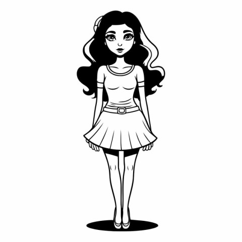 Beautiful girl in a short skirt. Black and white vector illustra