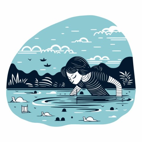 Girl playing in the water in a flat style.