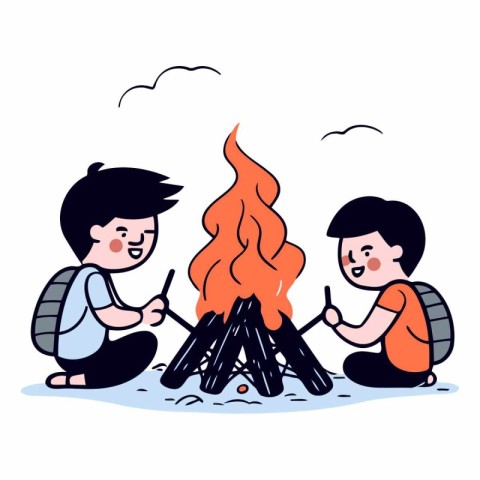 Two boys roasting marshmallows on campfire