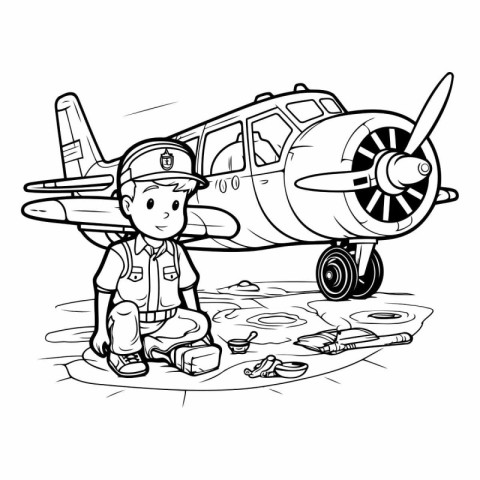 Black and White Cartoon Illustration of Pilot with Plane or Airp