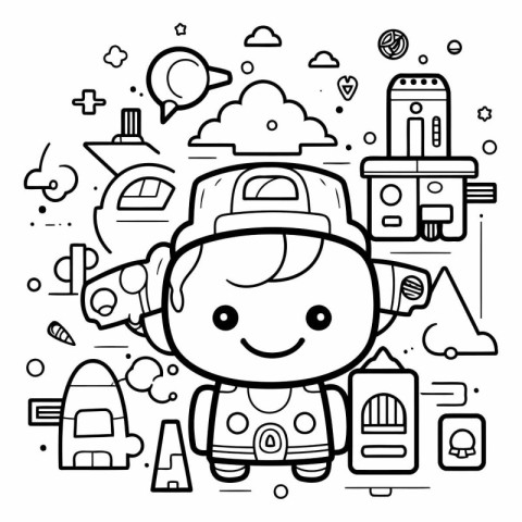 Vector line art illustration of astronaut boy. Coloring book for