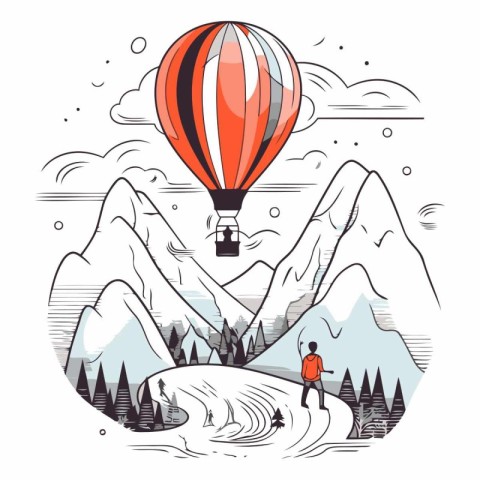 Hand drawn vector illustration of a young man riding a hot air b