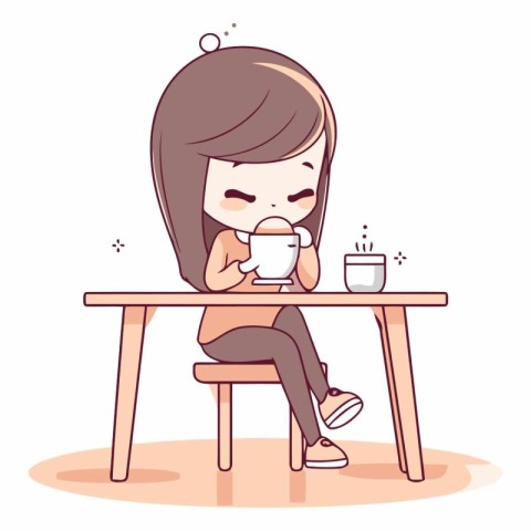 Girl drinking coffee at table in cartoon comic style.