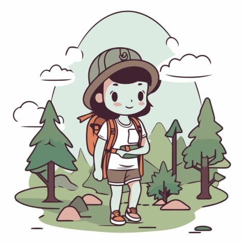 Cute little boy hiking with backpack in forest.