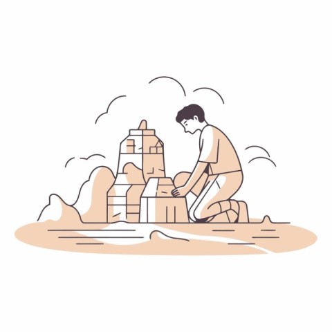 Vector illustration of a boy playing sand castle. Flat line art