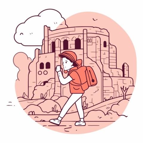 Tourist girl with backpack on the background of ancient ruins