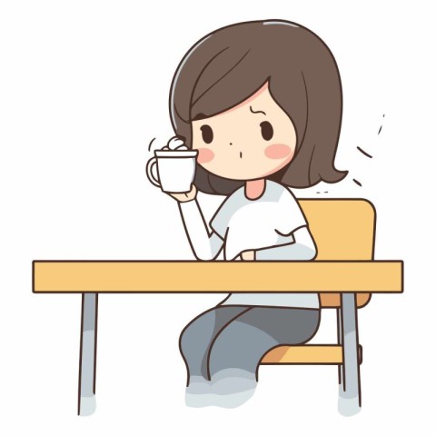 Illustration of a young woman sitting at a table drinking coffee