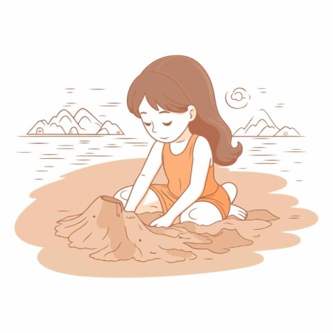 Cute little girl playing sand on the beach.