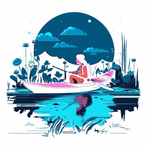 Vector illustration of a man in a kayak on a lake.