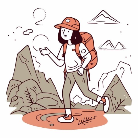 Vector illustration of a hiker with a backpack hiking in the mou