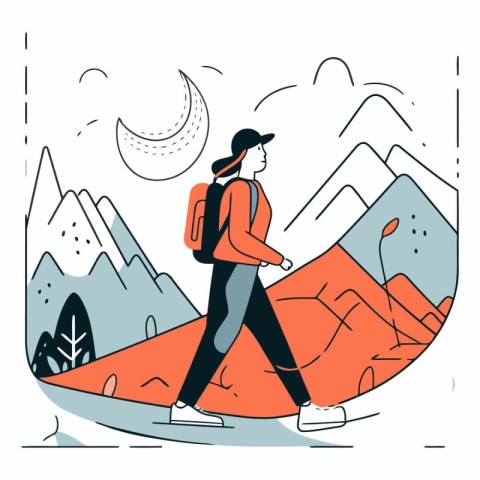 Vector illustration of a man with a backpack and snowboard on th