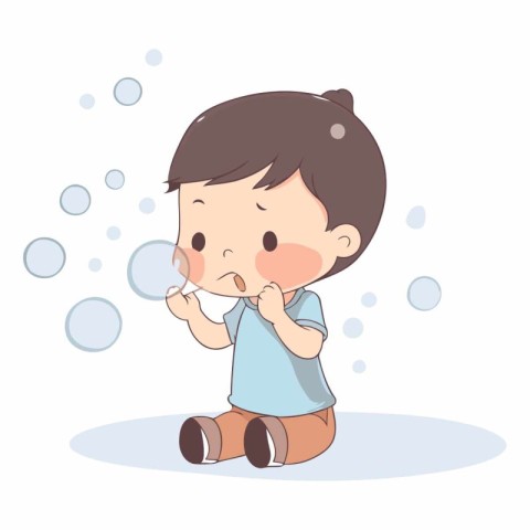 cute boy blowing soap bubbles on white background.vector illustr