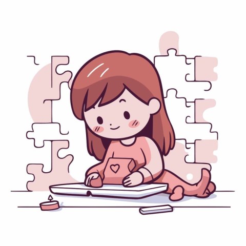 Cute little girl playing with puzzle in cartoon style.