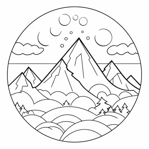 Mountain landscape. Black and white illustration in a circle on