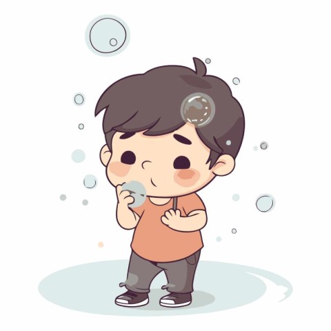 Cute little boy blowing soap bubbles in cartoon style.