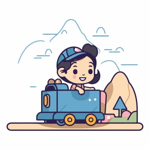 Cute little girl riding a toy train on the road.