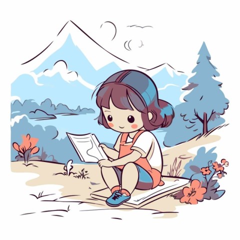 Illustration of a cute little girl reading a book in the mountai