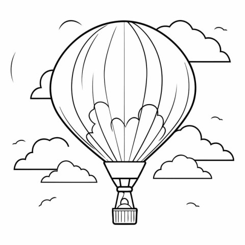 Hot air balloon flying in the sky with clouds. Black and white v