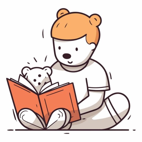 Cute little boy reading a book with teddy bear.