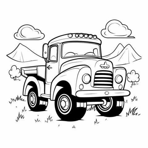 Black and White Cartoon Illustration of a Pickup Truck on the Gr