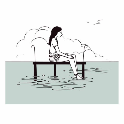 young woman sitting on the bench in the sea character vector ill